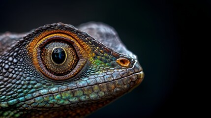  Close-up of a lizard's eye against a black backdrop, featuring an orange and blue patterned body