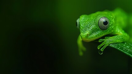 Obraz premium A tight shot of a frog perched on a leaf, adorned with water droplets on its body against a verdant backdrop