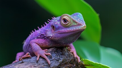 Obraz premium A tight shot of a lizard perched on a tree branch against a backdrop of a green leaf In the foreground, another green leaf is present