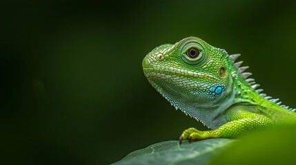 Fototapeta premium A tight shot of a green iguana perched on a leaf against a softly blurred background