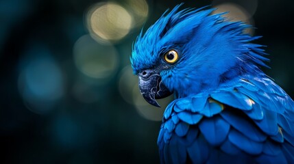 Obraz premium A tight shot of a blue parrot's head with a softly blurred background from the bokeh of light