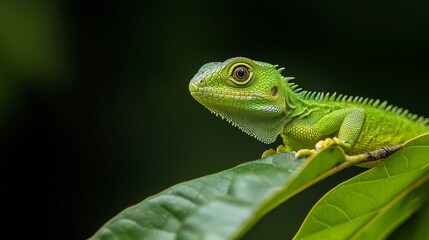 Fototapeta premium A tight shot of a green lizard atop a leaf against a backdrop of dark green leaves and a black background