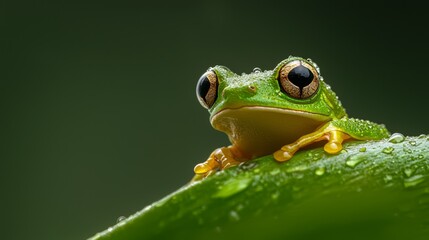 Obraz premium A tight shot of a frog on a leaf, adorned with water droplets on its back legs and gazing eyes