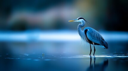 Obraz premium A large blue bird stands atop a body of water, with its beak submerged