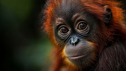 Fototapeta premium A tight shot of a monkey's face, adorned with orange and black hues, set against a blurred background