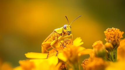  A tight shot of a grasshopper perched on a yellow flower, surrounded by yellow blooms in the foreground, while the background softly blurs