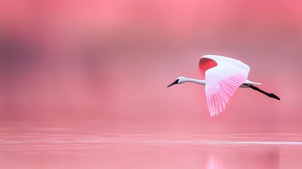Fototapeta premium A white-pink bird flies above mirrored water, surrounded by a rose-tinted sky