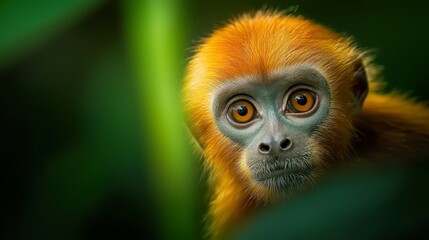 Fototapeta premium A tight shot of a monkey's expressive face, with a leaf prominently positioned in the foreground, and a softly blurred backdrop
