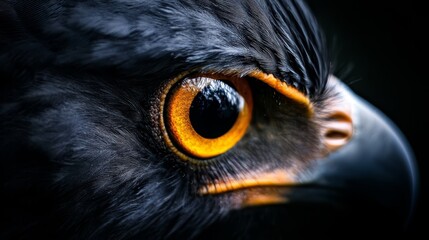  A tight shot of a bird's eye against a black backdrop, adorned with yellow and black plumage