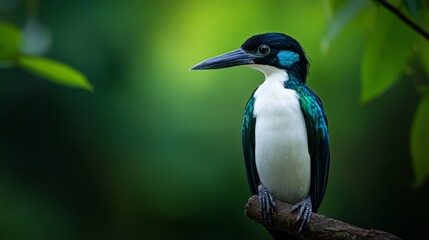 Fototapeta premium A blue-and-white bird perches on a branch against a backdrop of green, leafy foliage The foreground features a blurred tree branch