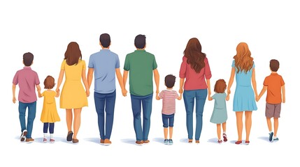 Obraz premium A large family, eight people, walk hand-in-hand in a row, seen from behind.