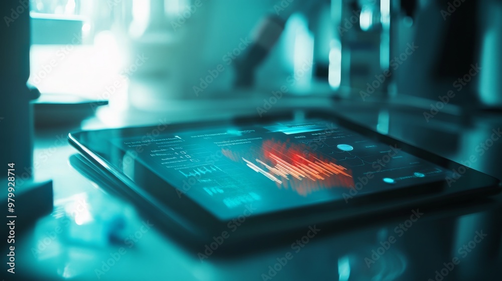 Poster A sleek tablet rests on a reflective surface, showcasing vibrant data analytics graphics while soft morning light illuminates the contemporary workspace