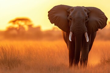 Obraz premium A majestic elephant walking through the African savannah at sunset, with its large tusks and wrinkled skin highlighted by the warm glow, set against a clear sky