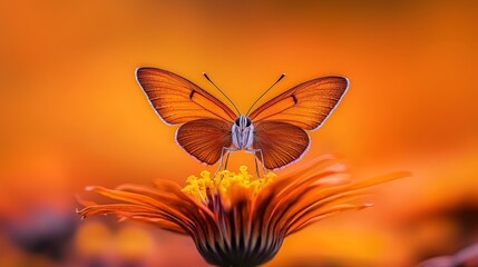  A tight shot of a butterfly atop a flower against an orange backdrop, surrounded by a softly blurred background