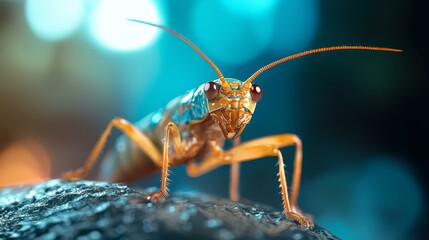  A tight shot of a grasshopper perched on a wooden surface, background lit by soft, blurred boke