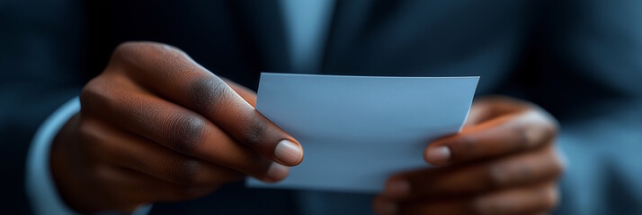 Close-up of black hand in a suit holding a blank card, symbolizing professionalism and choice. Fits Election Day or business concepts