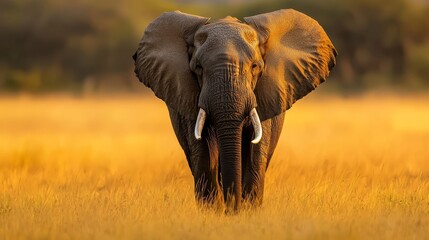 Fototapeta premium An elephant stands amidst a sea of tall grass, trees loom in the background, a yellow sky dominates the backdrop