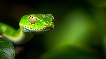Fototapeta premium A tight shot of a green snake's head atop a green leaf, surrounded by an indistinct background