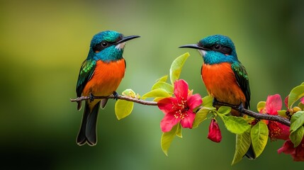 Fototapeta premium Two birds perch side by side on a tree branch