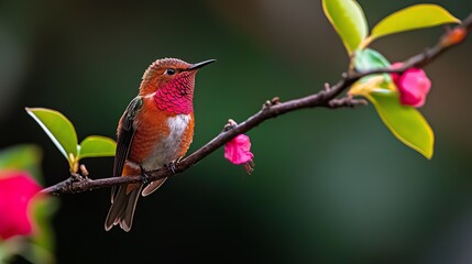  A hummingbird rests on a branch, surrounded by pink flowers in the foreground, and lush green leaves behind