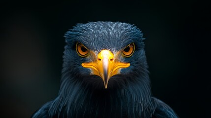  A yellow-eyed bird of prey in close-up against a black backdrop