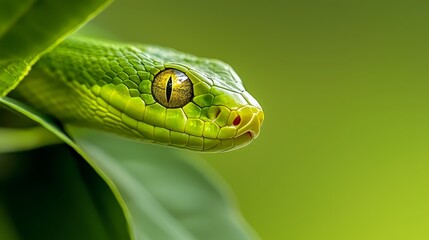 Fototapeta premium A tight shot of a green snake's eye atop a green leaf against a uniform green background