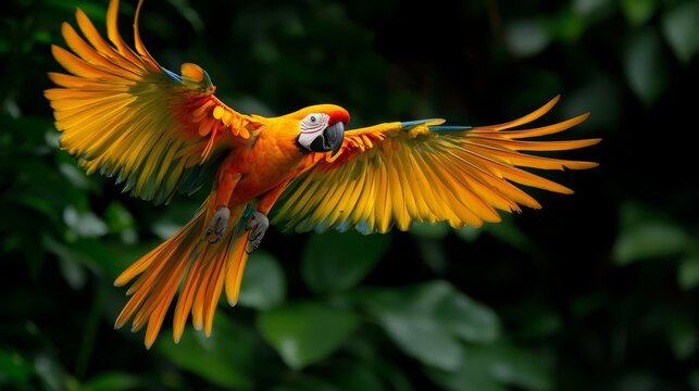  A colorful parrot flies through the air with widely spread wings