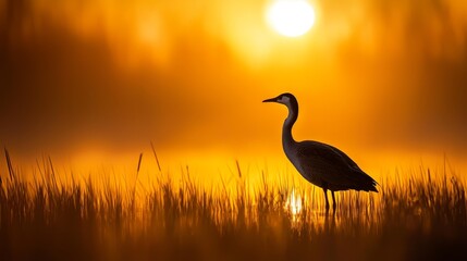 Obraz premium A large bird silhouetted against a grassy field, sun setting behind, nearby body of water in the foreground