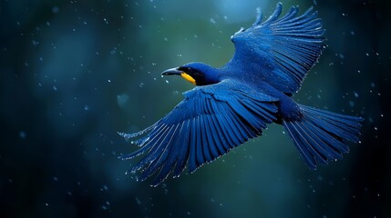 Fototapeta premium A blue bird flies in the air, wings spread wide, head tilted to the side
