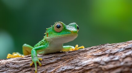 Naklejka premium A tight shot of a lizard perched on a tree branch against a softly blurred background of green foliage