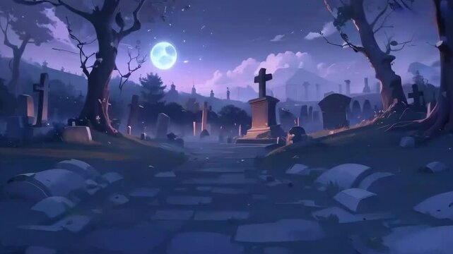 A haunting atmosphere at night, surrounded by the graveyard and bathed in the bright glow of the moon. Japanese cartoon or anime illustration style. 4K video animation background