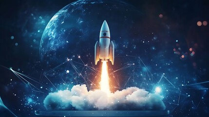 Obraz premium A white rocket ship blasts off from a glowing earth, leaving a trail of fire and smoke. The ship is surrounded by clouds and a starry sky.