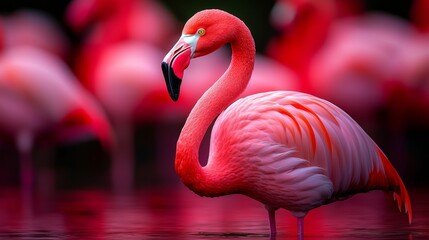 Obraz premium A pink flamingo poses before a flock in a nocturnal body of water