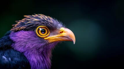 Obraz premium A tight shot of a purple-black bird against a backdrop of black, its yellow beak contrasting sharply, blur behind softened