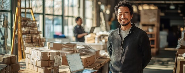 Smiling businessman standing confidently in his small warehouse surrounded by packages and a laptop on the table