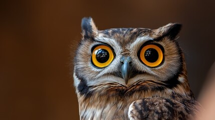 Fototapeta premium A tight shot of an owl's face reveals vibrant orange and yellow eyes