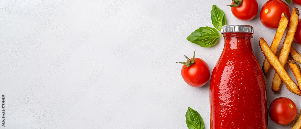 Wall mural a bottle of ketchup on a white background next to french fries and tomatoes, garnished with green le