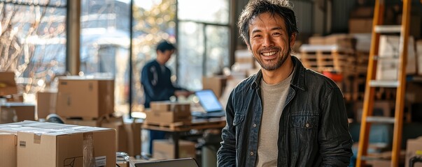 Obraz premium Smiling man standing confidently in his small business surrounded by packages and inventory