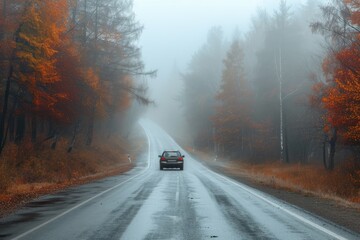 Fototapeta premium Dangerous winter road traffic in fog car on the road in autumn