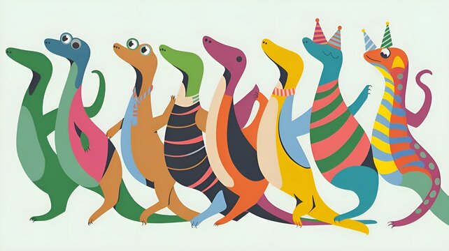 imaginative animal notion. A group of basilisks wearing colorful, wildly mismatched costumes in an advertising with a vibrant background and copy space. birthday celebration invitation banner

