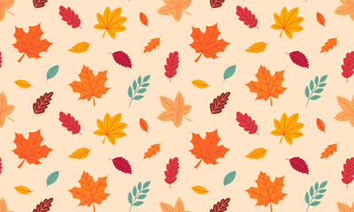 Seamless pattern with Autumn leaves. Fall foliage cozy background. Flat Vector illustration