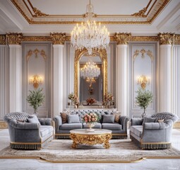 Opulent and Elegant Living Room in a Grand Luxury Estate with Ornate Chandelier and Lavish Decor