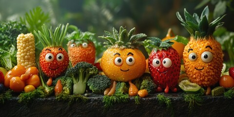 Fototapeta premium Explore a whimsical city where animated fruits with faces turn ordinary scenes into playful and engaging adventures