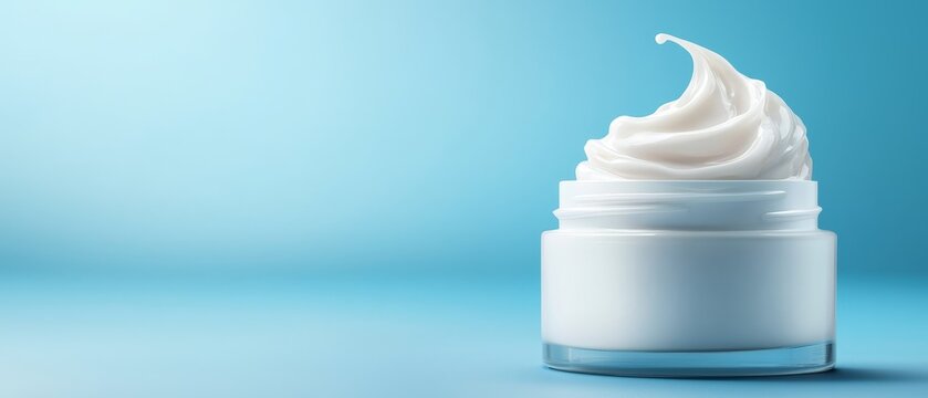  A jar of cream, closely framed against a blue backdrop, with an accurate reflection mirrored inside ..Or, for a more concise version