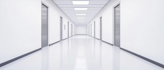 Obraz premium Clean and organized hospital corridor with minimalist design, emphasizing hygiene and efficiency, contemporary medical space