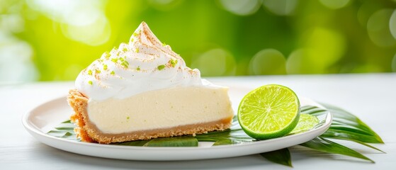  A slice of cheesecake on a plate, garnished with a lime slice and surrounded by leafy greens