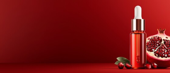  A red backdrop features a closed pomegranate bottle and an open pomegranate with seeds scattered around