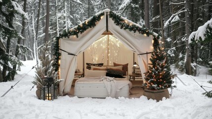 an outdoor scene with a white tent in the middle