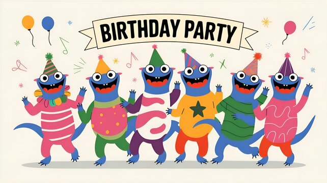 imaginative animal notion. A group of basilisks wearing colorful, wildly mismatched costumes in an advertising with a vibrant background and copy space. birthday celebration invitation banner

