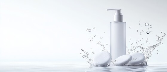  A bottle of lotion on a body of water, with three skincare items beside it